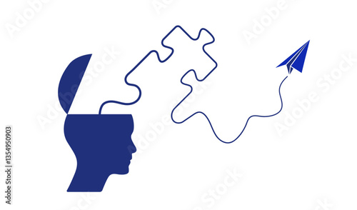 Open mind businessman head with paper origami airplane, cardboard box, puzzle line vector. Business infographics design to use for brainstorming, leadership, career, business motivation projects. 