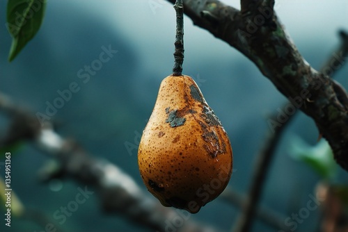 A close-up of a ripe, yellow-brown pear hanging from a branch amidst a misty background.