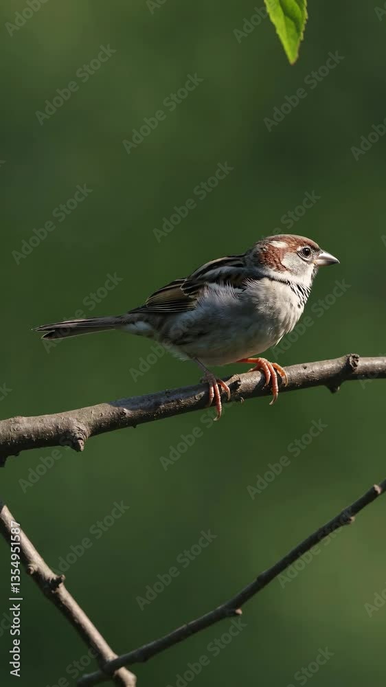 Close-up video of a sparrow perched on a branch, captured from a low angle against a blurred green background, highlighting its curious gaze. Live mobile wallpaper. Close-up video of a sparrow perched on a branch, captured from a low angle against a blurred green background, highlighting its curious gaze. Live mobile wallpaper.