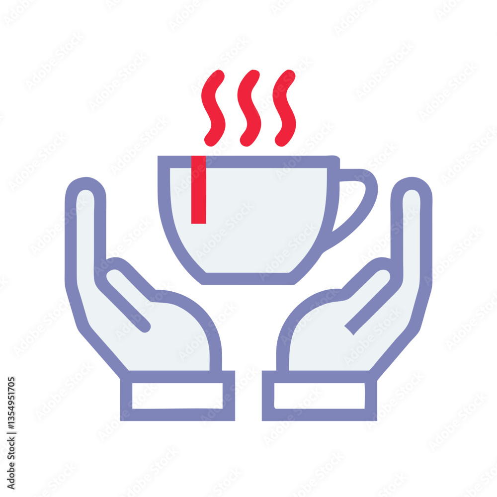 Icon warm hands holding a steaming cup of coffee Icon warm hands holding a steaming cup of coffee