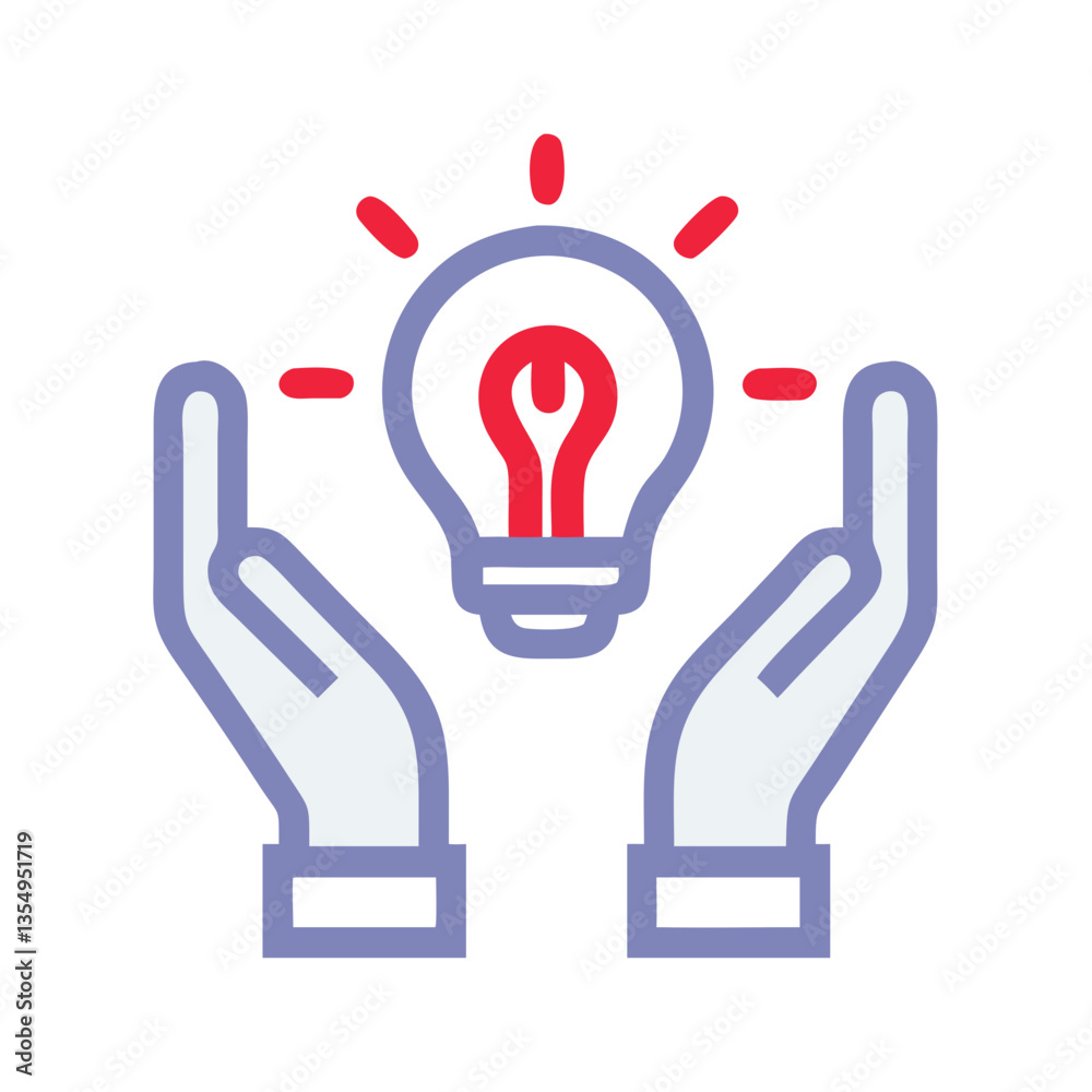 Icon hands holding a glowing light bulb with rays of inspiration Icon hands holding a glowing light bulb with rays of inspiration