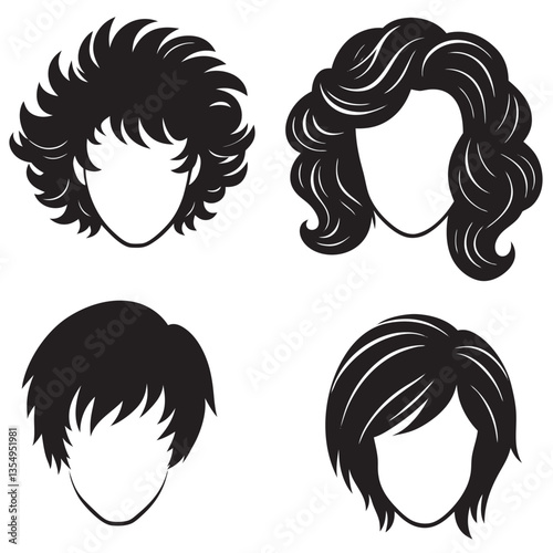 Set of different hairs and hairstyle fringe curly cascade kare pencil drawing sketch
