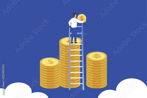 A determined person ascends a ladder crafted from gold coins, reaching for success.  Illustrate ambition and financial growth.