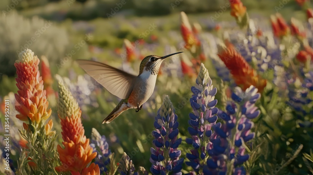 Fototapeta premium A hummingbird flies among colorful wildflowers in a field