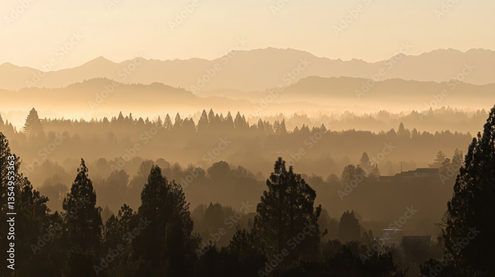 Fototapeta premium Hazy morning light illuminates layers of mountains and trees