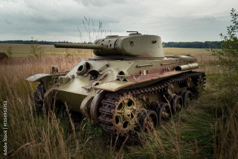 Fototapeta premium Rusting World War I tank abandoned in a field, surrounded by overgrown grass and wild vegetation