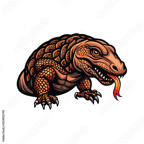 A Komodo dragon, intricately detailed, fiercely consuming its prey amidst lush Indonesian vegetation.  Show sharp teeth and powerful jaws.