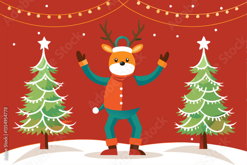 A whimsical character, possibly human, in a detailed reindeer costume, complete with antlers and a red nose.  The character's expression should be joyful and festive.