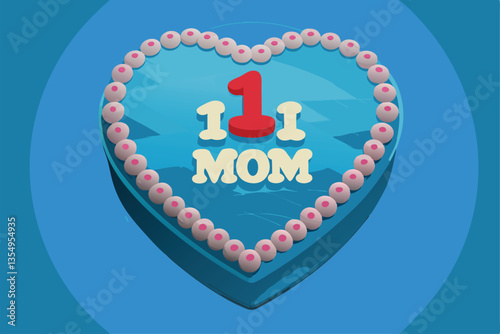 A large, heart-shaped cake, meticulously decorated with red frosting and the words "1 Mom" elegantly piped on top.  The cake displays professional baking artistry.