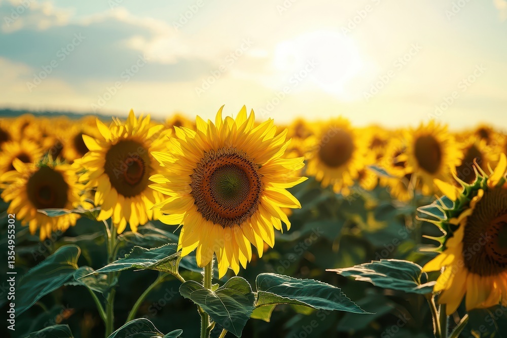 Obraz premium A radiant field of sunflowers stretches towards the sun, their golden petals glowing under the bright sky. Nature's beauty on full display.