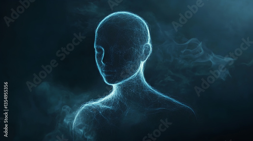 A digital human figure made of glowing blue light, against a dark background,