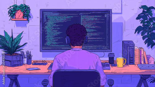 Relaxed programmer vibe coding in purple-lit home office with plants and coffee, aesthetic coder workspace concept