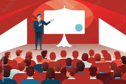 Confident businesswoman passionately presents innovative tech gadget at a modern conference, showcasing its features and benefits to an engaged audience.