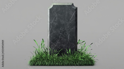 Tall grey headstone with a polished surface, rectangular design, and lush green grass base, isolated on transparent background for memorial and grave visuals.