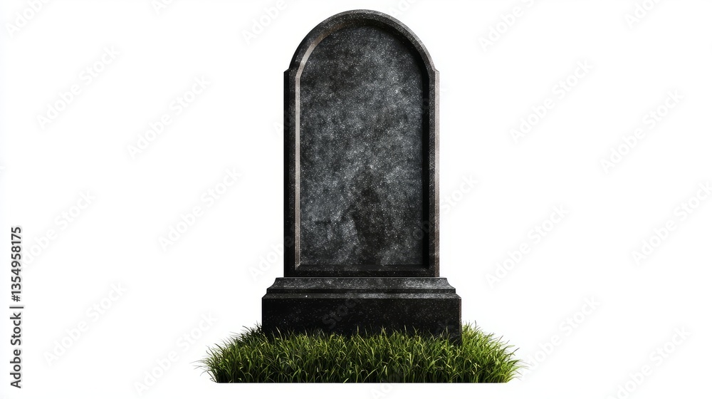 Tall polished grey headstone with a smooth rounded top, elegant design resting on a grass base, isolated on transparent background for grave visuals. Tall polished grey headstone with a smooth rounded top, elegant design resting on a grass base, isolated on transparent background for grave visuals.