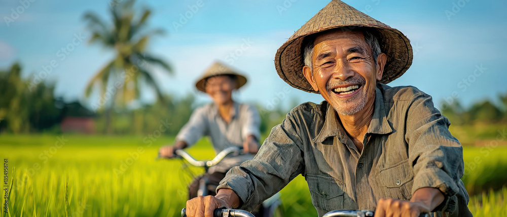 Fototapeta premium Two elderly men enjoy their retirement plans while cycling through lush green rice field under bright blue sky