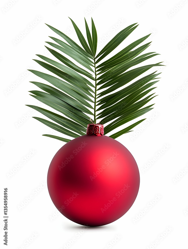 Red Christmas bauble adorned with a tropical palm frond Red Christmas bauble adorned with a tropical palm frond