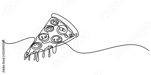 One line  Drawing or illustration of slice of pizza with pepperoni and mushrooms, Continuous one line drawing of pizza slice. One line drawing illustration of italian pizza. Fast food, junk food pro. 