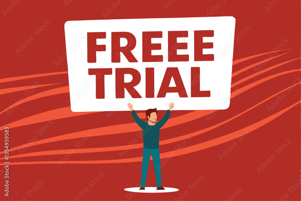 Φωτογραφία A friendly person joyfully holds aloft a vibrant Free Trial banner, radiating excitement and offering a promotional opportunity