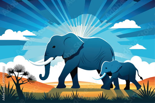 A heartwarming image of a mother and baby elephant gently entwined, their trunks touching, walking together through African savanna.