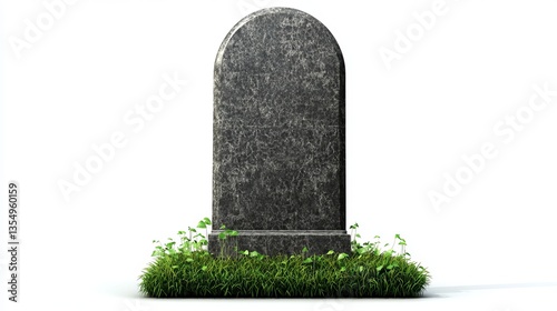 Traditional tall grey stone headstone with a polished finish, smooth curved design on a grass base, isolated on transparent background for solemn graves.