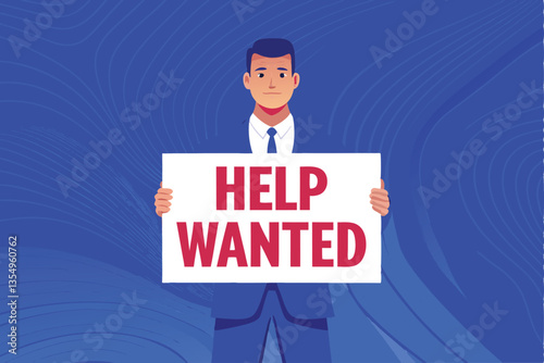 A person stands proudly holding a "Help Wanted" sign in front of a bustling business, showcasing job opportunity.