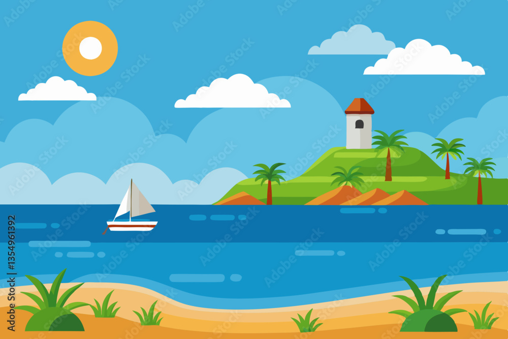 Obraz premium summer landscape with a boat and sea