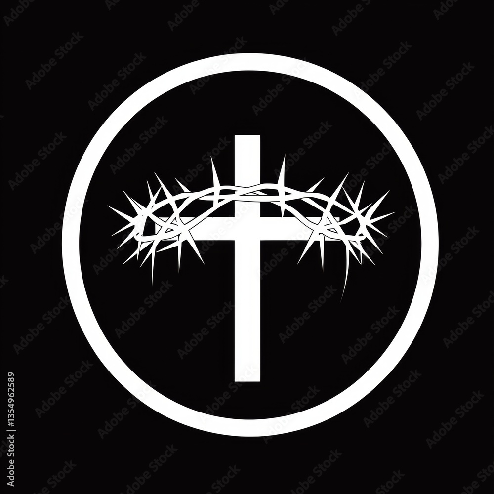 Christian Cross with Crown of Thorns in Circle Black and White Religious Symbol Christian Cross with Crown of Thorns in Circle Black and White Religious Symbol