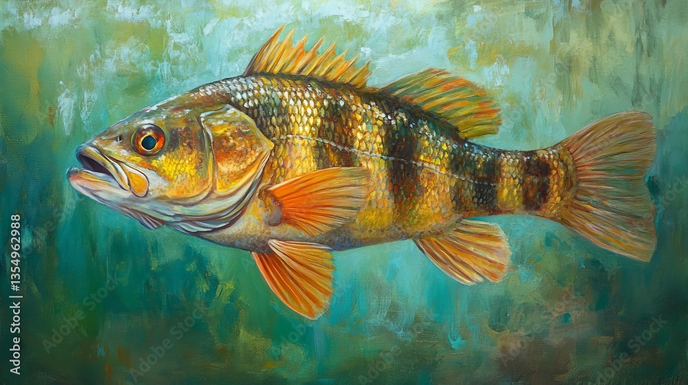 Trophy-worthy freshwater perch with vivid scale patterns, swimming in water with a green hue, sharp focus on the fish, clean edges, and dynamic and natural composition. Trophy-worthy freshwater perch with vivid scale patterns, swimming in water with a green hue, sharp focus on the fish, clean edges, and dynamic and natural composition.