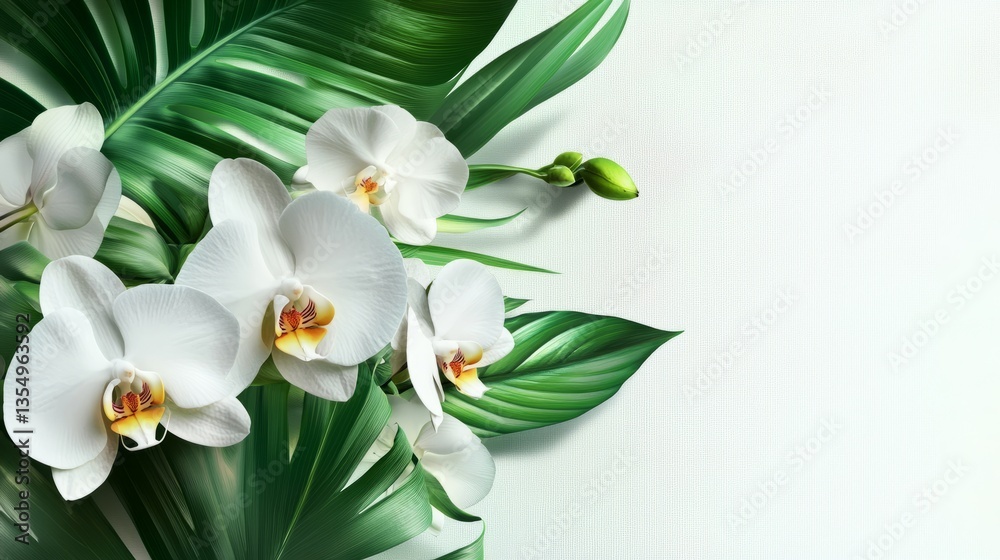 Obraz premium Tropical floral arrangement with orchids and banana leaves, displayed on transparent background, lush green and white tones, clean lines, crisp focus, and stylish and exotic appearance.