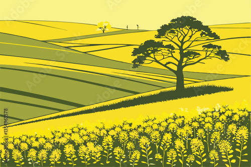 1 Vibrant yellow rapeseed field, lone tree, rolling landscape, bright spring colors, agricultural scenery, minimalist composition, striking contrast, golden meadow, serene countryside, blooming canola