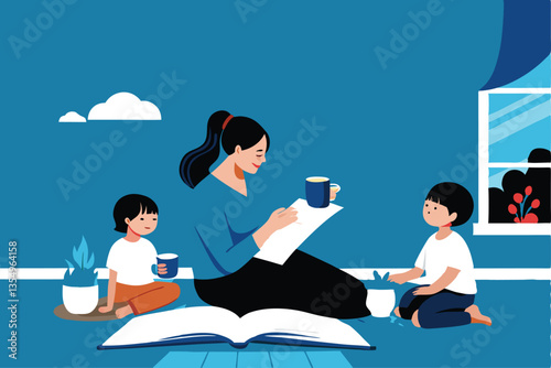 A serene mother, peacefully enjoying a warm cup of tea and an engrossing book, relaxed in a comfortable armchair.