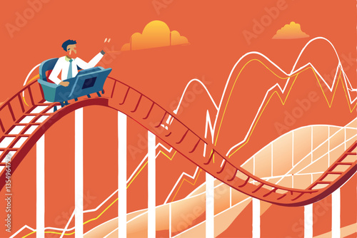 A cartoon character screaming on a wildly fluctuating stock market rollercoaster, symbolizing investment risk and volatility.