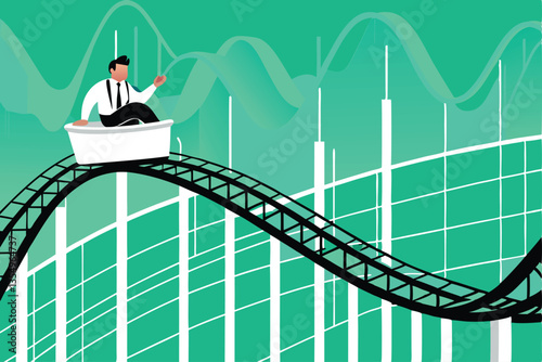 A cartoon character screaming joyfully atop a wildly fluctuating stock market rollercoaster, embodying the thrill and risk of investing.