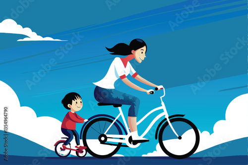 A heartwarming scene of a mother patiently guiding her young child learning to ride a bicycle without training wheels, outdoors on a sunny day.