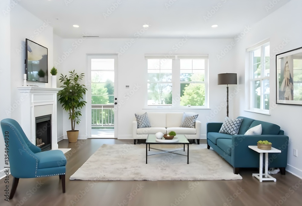 Fototapeta premium Living room with a white sofa, two blue chairs, a glass table, a white rug, and a plant in a pot , with a window in the background 