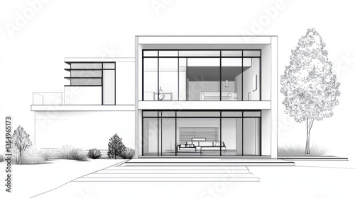 Modern House Architectural Sketch with Pool