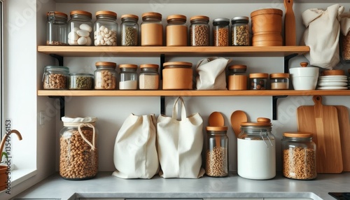 Wallpaper Mural Organized Kitchen Shelving with Jars, Natural Wood, Food Storage and Accessories Torontodigital.ca