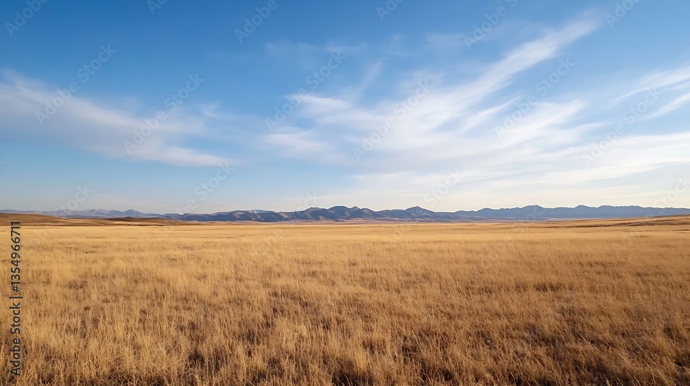 Expansive golden grassland under a clear blue sky with distant mountain range in the background : Generative AI Expansive golden grassland under a clear blue sky with distant mountain range in the background : Generative AI