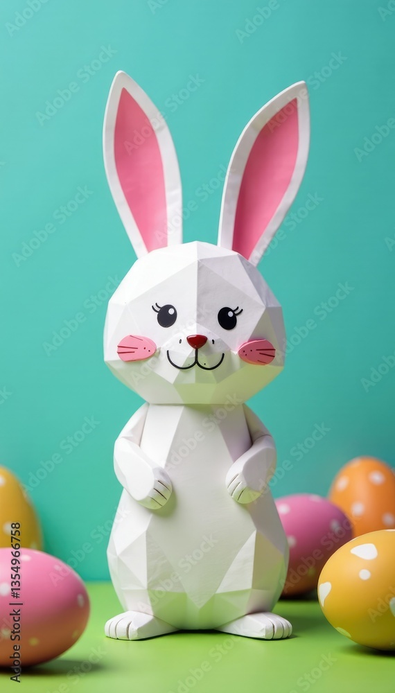 Fototapeta premium Whimsical Easter bunny made of paper conejo de pascua with colorful wrapping paper, pastel, hollidays, decoration