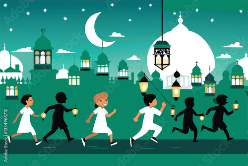Children joyfully race through a city street at night, illuminated by streetlights; a vibrant, slightly blurry motion effect.