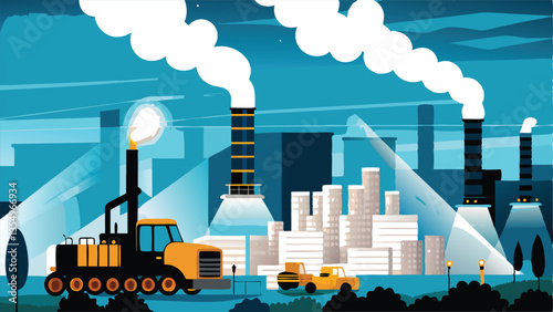 A nighttime industrial factory scene, illuminated by bright, harsh artificial lights, showcasing the machinery and towering structures.