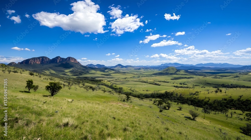 Obraz premium Breathtaking Wide Open Green Valley Surrounded by Mountains Under a Clear Blue Sky : Generative AI