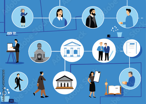 Create an illustrated timeline showcasing pivotal historical events from ancient civilizations to the modern era, emphasizing key figures and technological advancements.