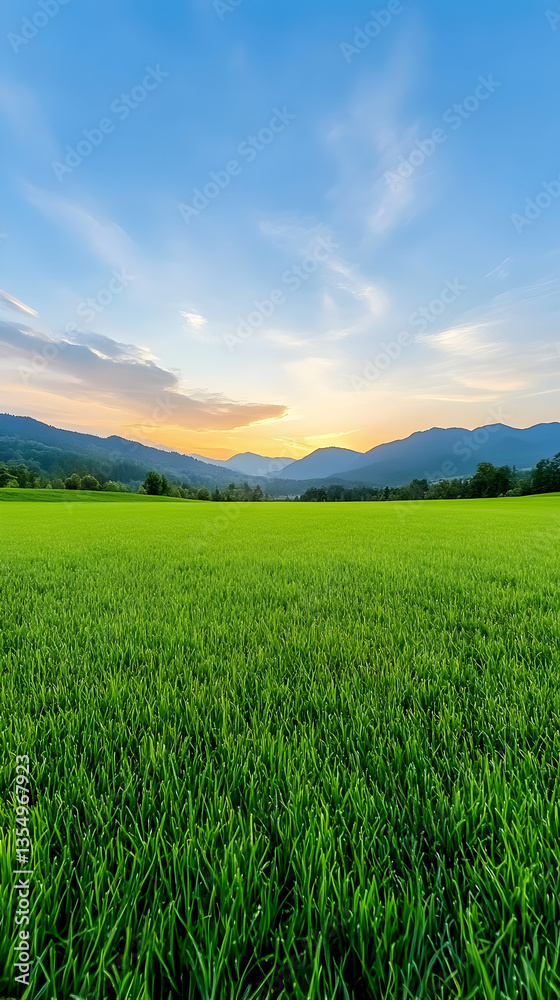 Fototapeta premium Serene sunset over a vast, vibrant green field and distant mountains