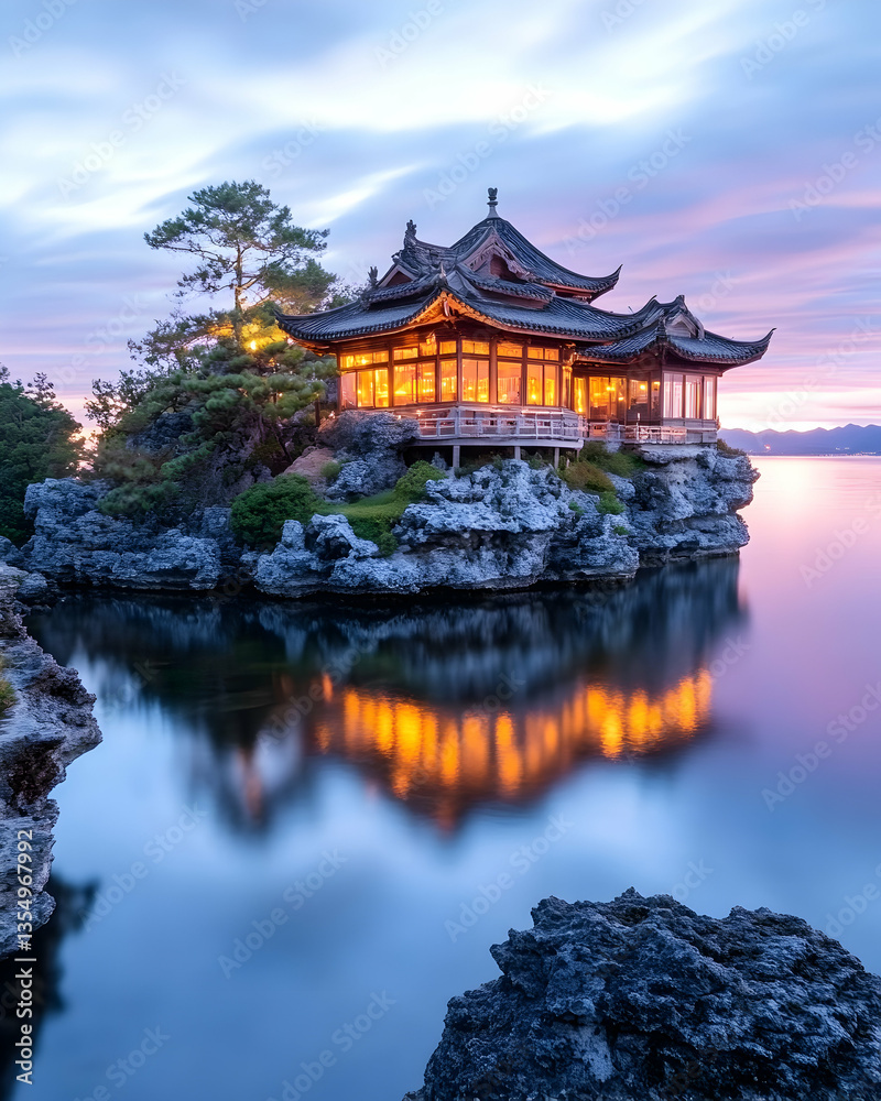 Naklejka premium Lakeside Pavilion Sunrise Reflection