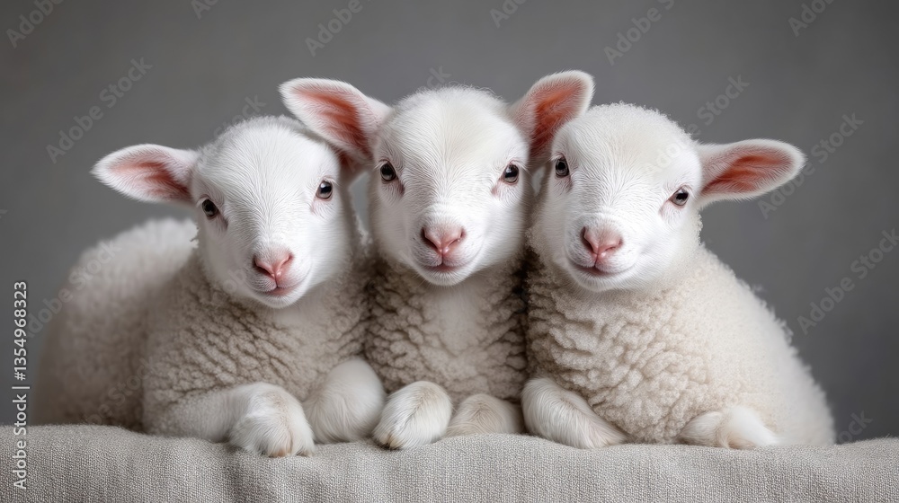 Fototapeta premium Three adorable, fluffy, white lambs in a studio setting