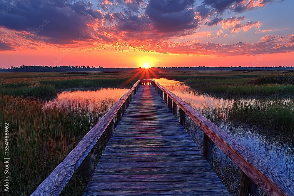 Obraz premium Sunset peace, accessibility, and a close connection between guests and the natural environment are all features of a coastal marsh boardwalk. Generative Ai