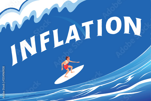 A stylized cartoon character joyously surfing a massive wave formed like a dollar bill, embodying the concept of inflation.