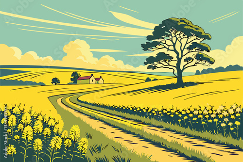 3 Vibrant yellow rapeseed field, Bright blue sky with wispy clouds, Dirt road intersection, Rural farmhouse in distance, Green trees on horizon, Scenic countryside landscape, Golden hour lighting, Wid